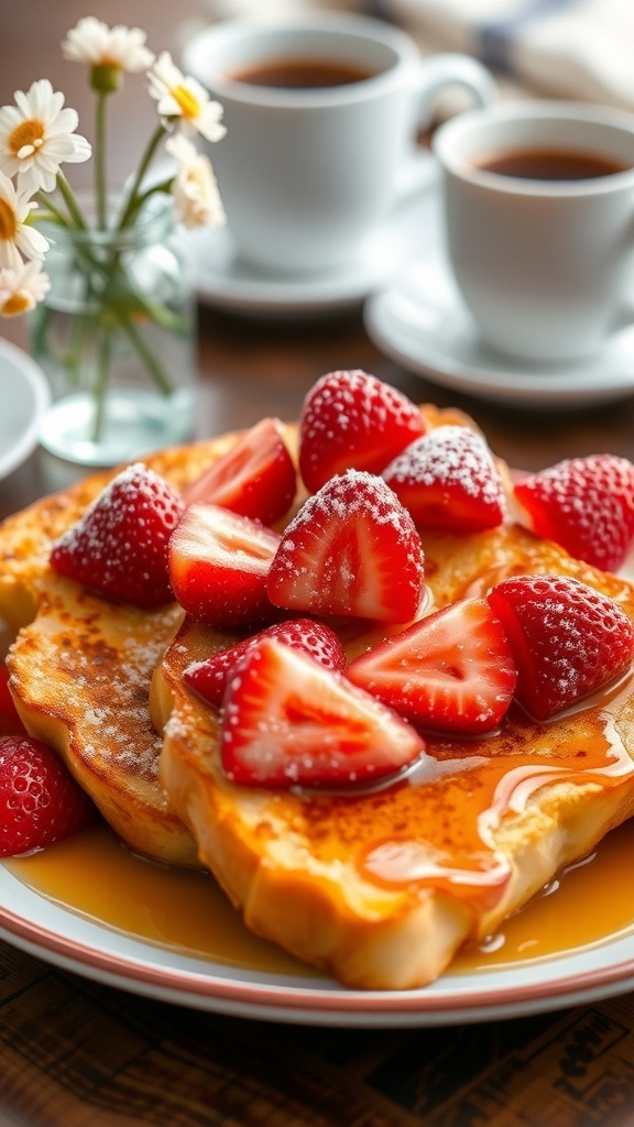 Golden brown French toast topped with strawberries and maple syrup on a breakfast plate.
